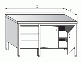 Stůl pracovní skříňový se zásuvkami, křídlovými dvířky a policemi 1500x600x900mm gastro nerez nábytek