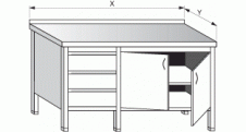 Stůl pracovní skříňový se zásuvkami, křídlovými dvířky a policemi 1300x700x900mm gastro nerez nábytek