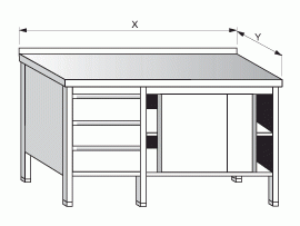 Stůl pracovní skříňový se zásuvkami, posuvnými dvířky a policemi 1300x600x900mm gastro nerez nábytek