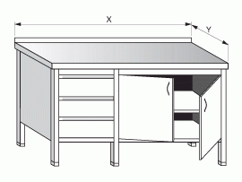 Stůl pracovní skříňový se zásuvkami, křídlovými dvířky a policemi 1300x600x900mm gastro nerez nábytek