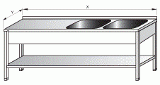 Dvoudřez mycí s odkládací plochou vlevo a policí 2000x600x900mm gastro nerezový nábytek