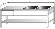 Dvoudřez mycí s odkládací plochou vlevo, zásuvkou a policí 1600x600x900mm nerezový gastro nábytek