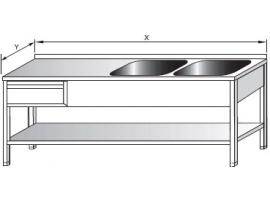 Dvoudřez mycí s odkládací plochou vlevo, zásuvkou a policí 1600x600x900mm nerezový gastro nábytek