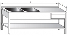 Dvoudřez mycí s odkládací plochou vpravo, zásuvkou a policí 1600x600x900mm nerezový gastro nábytek