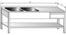 Dvoudřez mycí s odkládací plochou vpravo, zásuvkou a policí 1600x600x900mm nerezový gastro nábytek