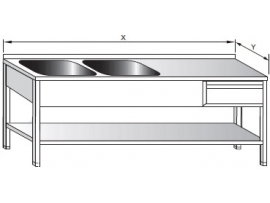 Dvoudřez mycí s odkládací plochou vpravo, zásuvkou a policí 1600x600x900mm nerezový gastro nábytek